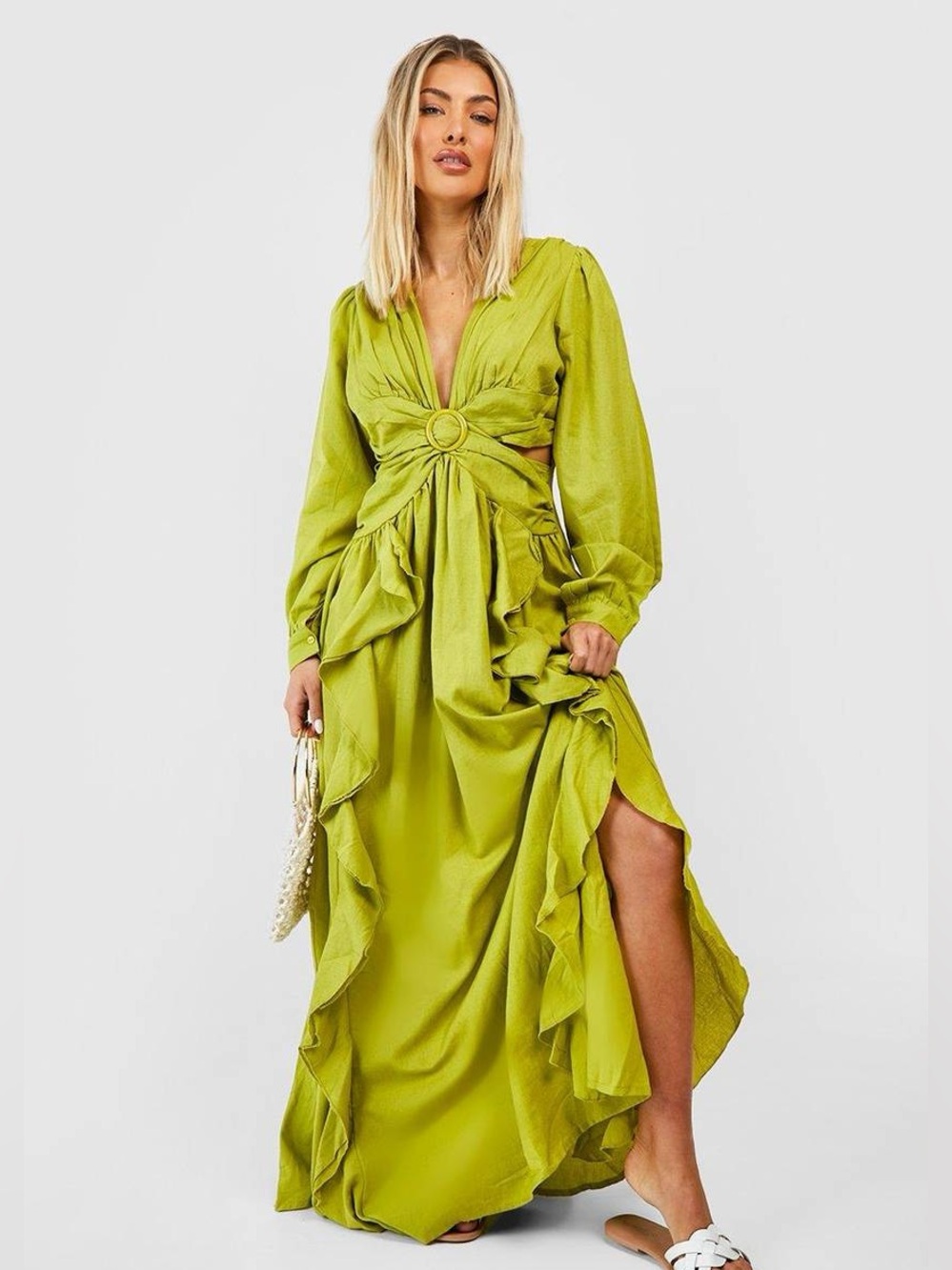 Boohoo olive Green Look Cut Out Ruffle Maxi Dres